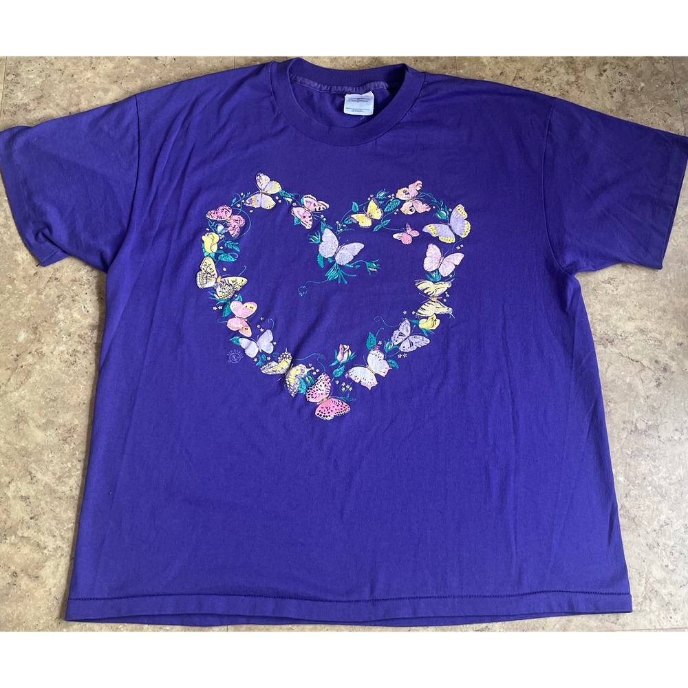 Vtg Hanes Birdlegs Butterfly Heart Purple T-Shirt XL Single Stitch Made in USA - Picture 2 of 10